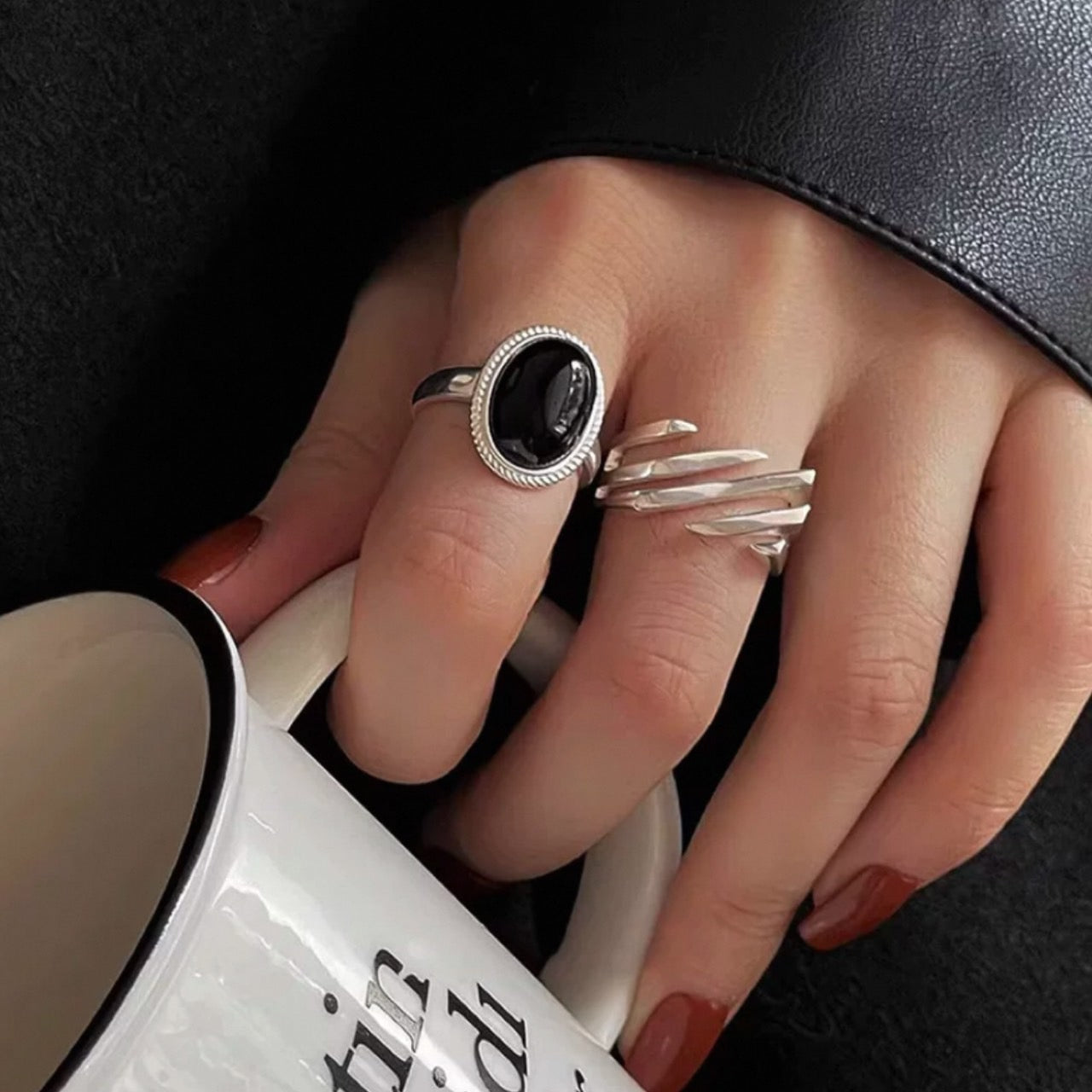 multi layer ring & black stone ring