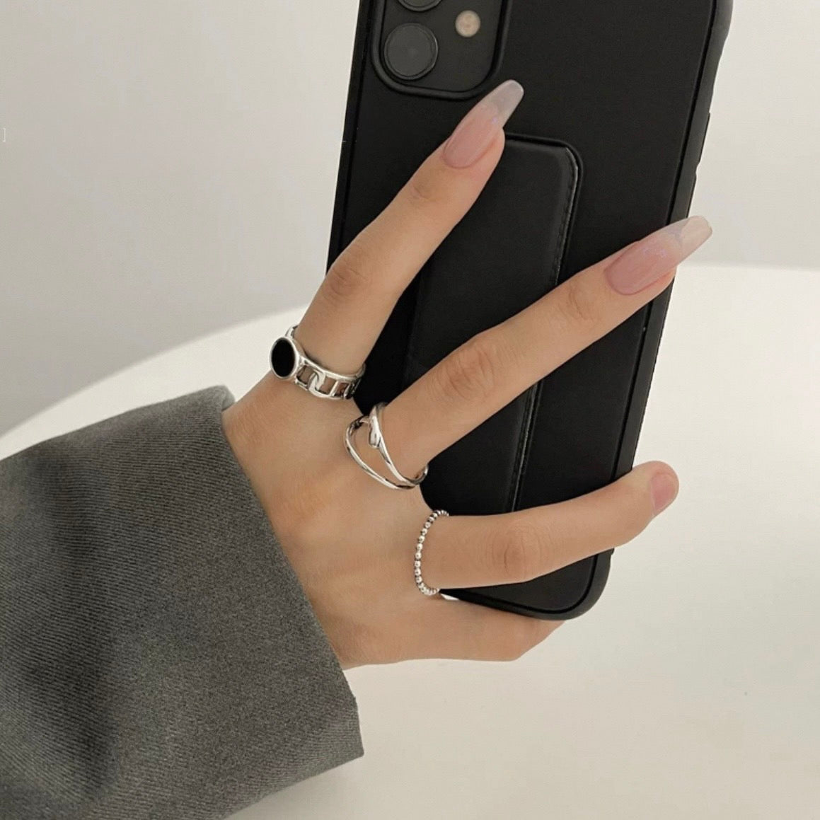 black circle ring & line Z ring & ballchain ring