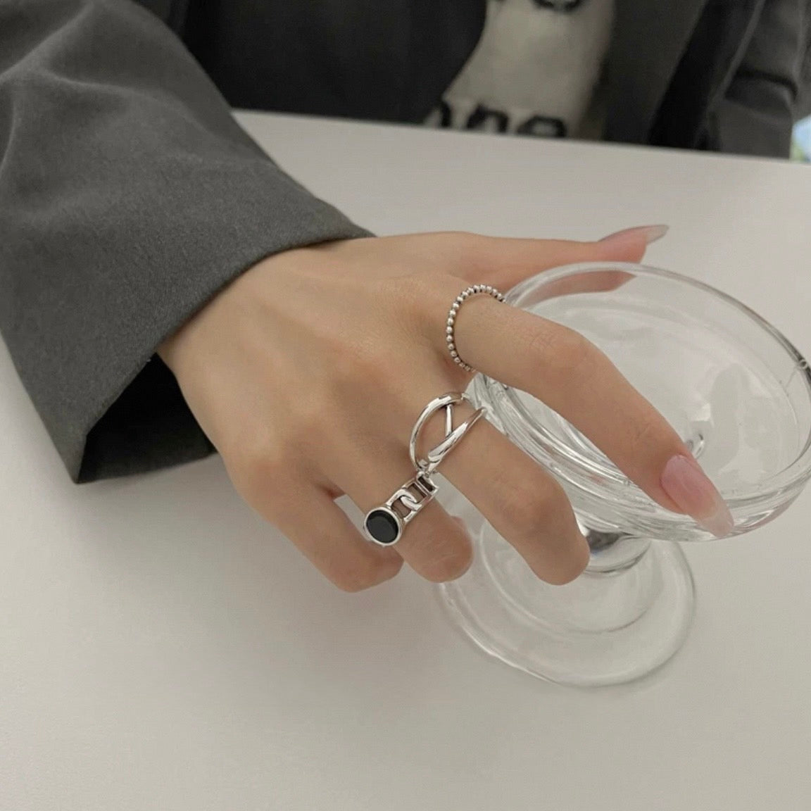black circle ring & line Z ring & ballchain ring