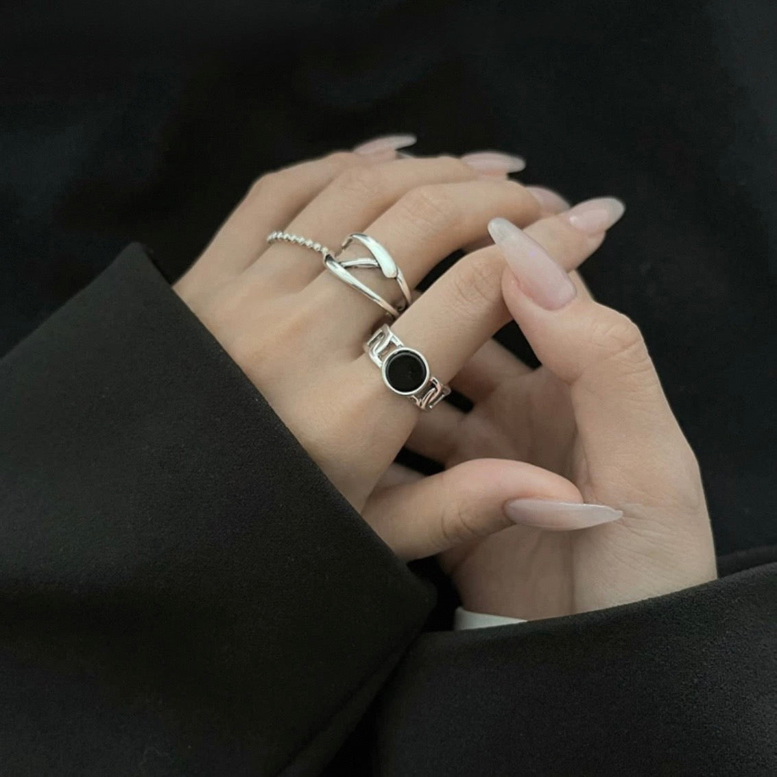 black circle ring & line Z ring & ballchain ring