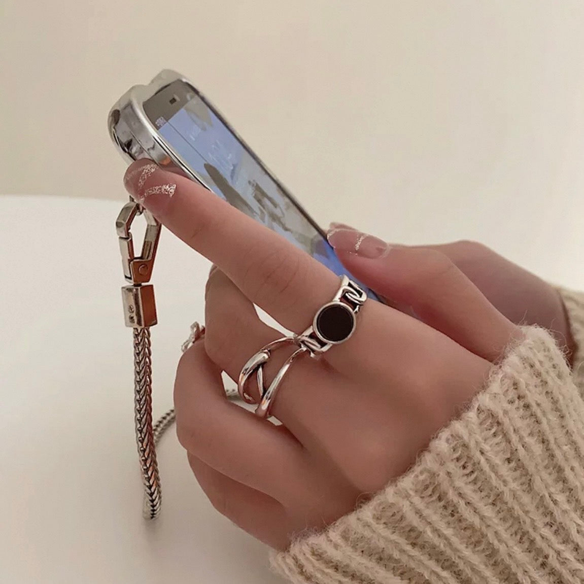 black circle ring & line Z ring & ballchain ring