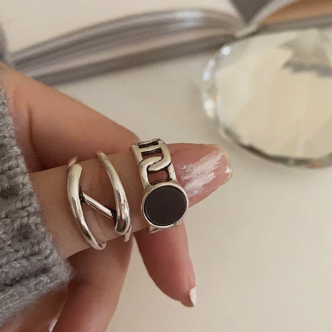 black circle ring & line Z ring & ballchain ring