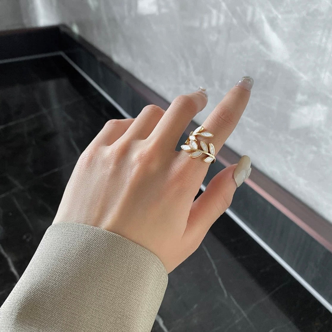 white leaf open ring