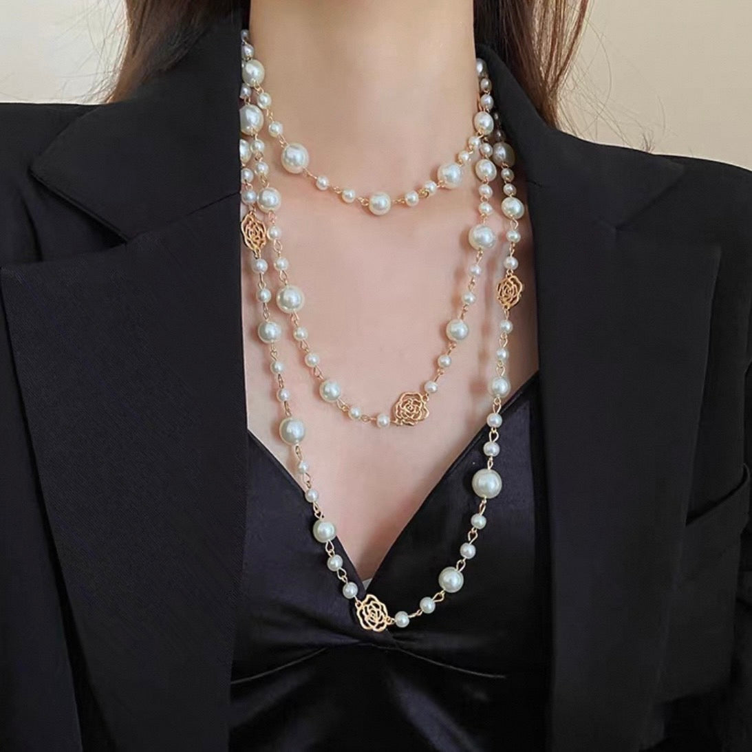 super long rose pearl necklace
