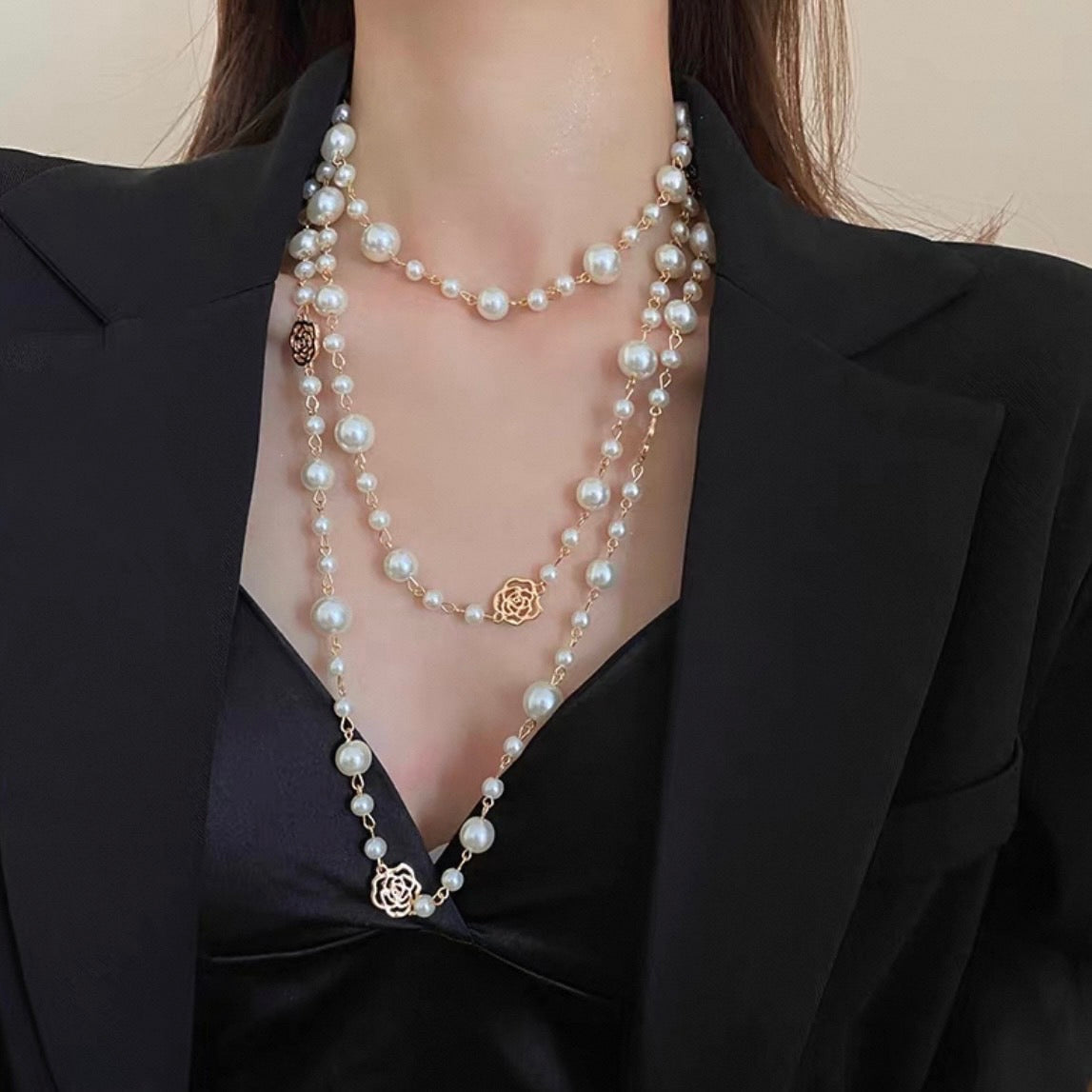 super long rose pearl necklace