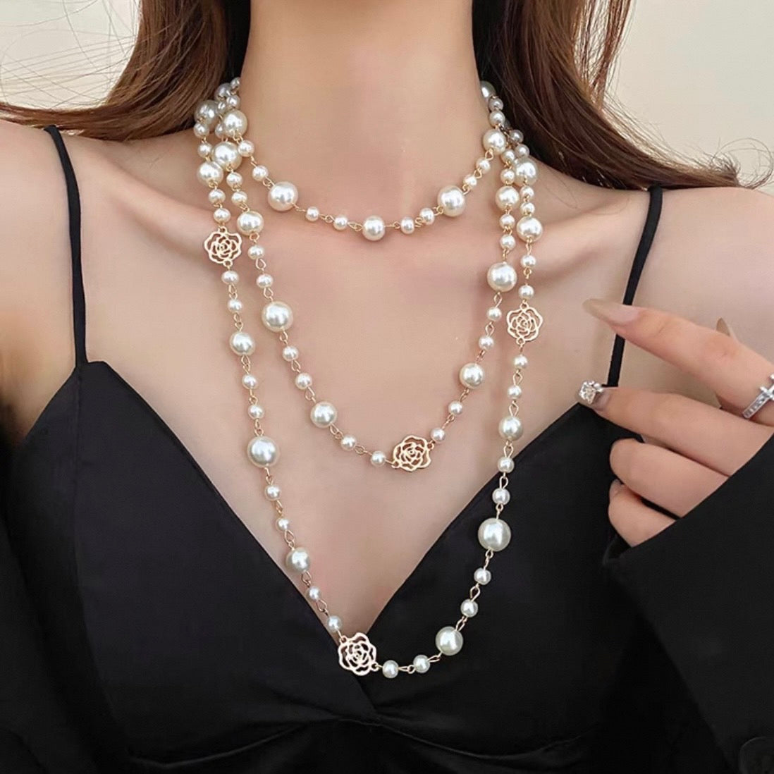 super long rose pearl necklace