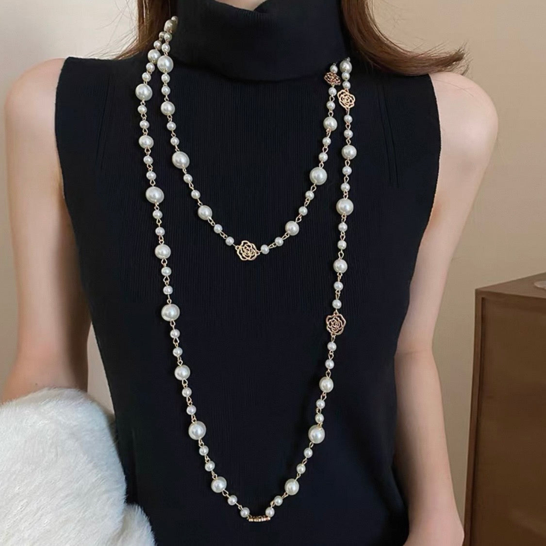 super long rose pearl necklace
