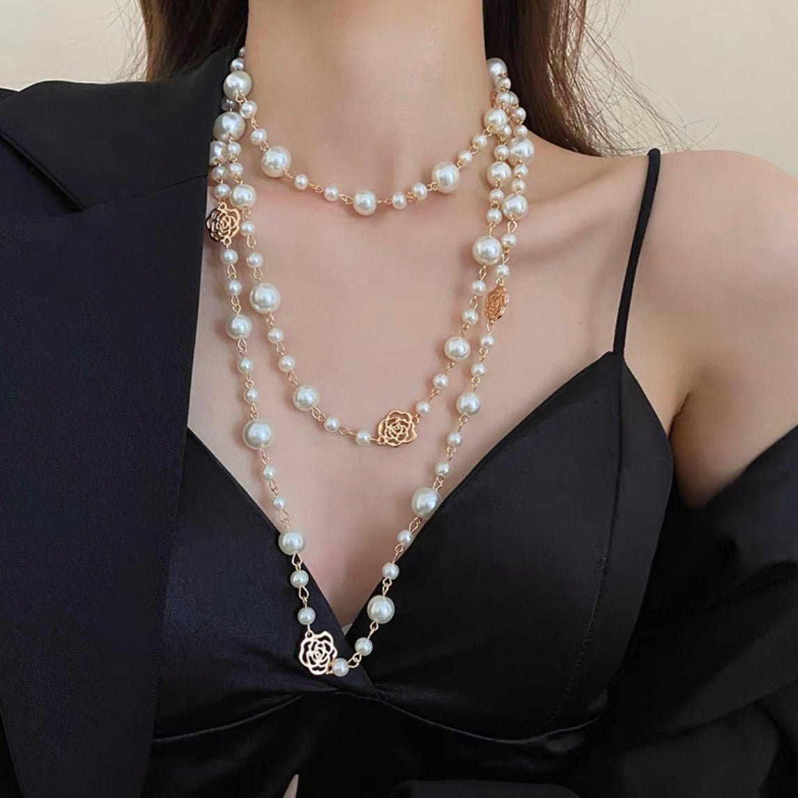 super long rose pearl necklace