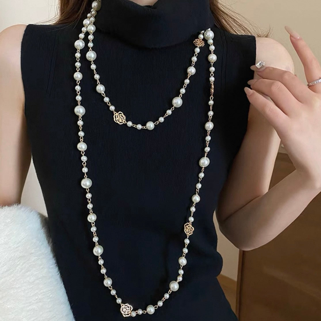 super long rose pearl necklace