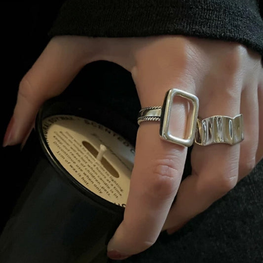 square flame ring & wide wave ring