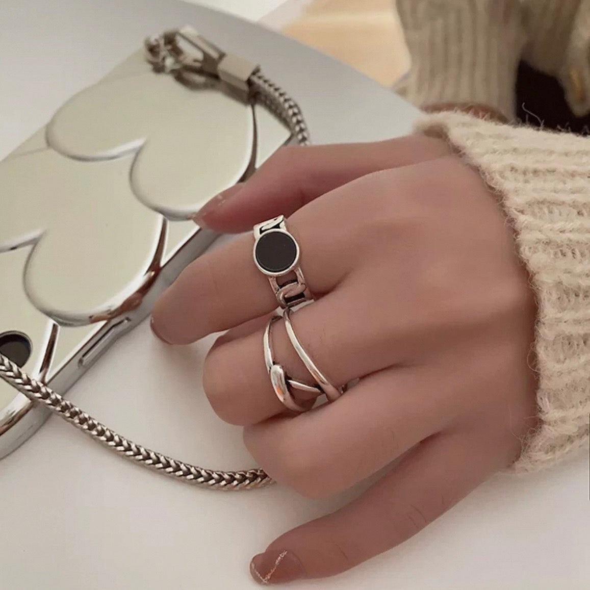 black circle ring & line Z ring ＆ ballchain ring