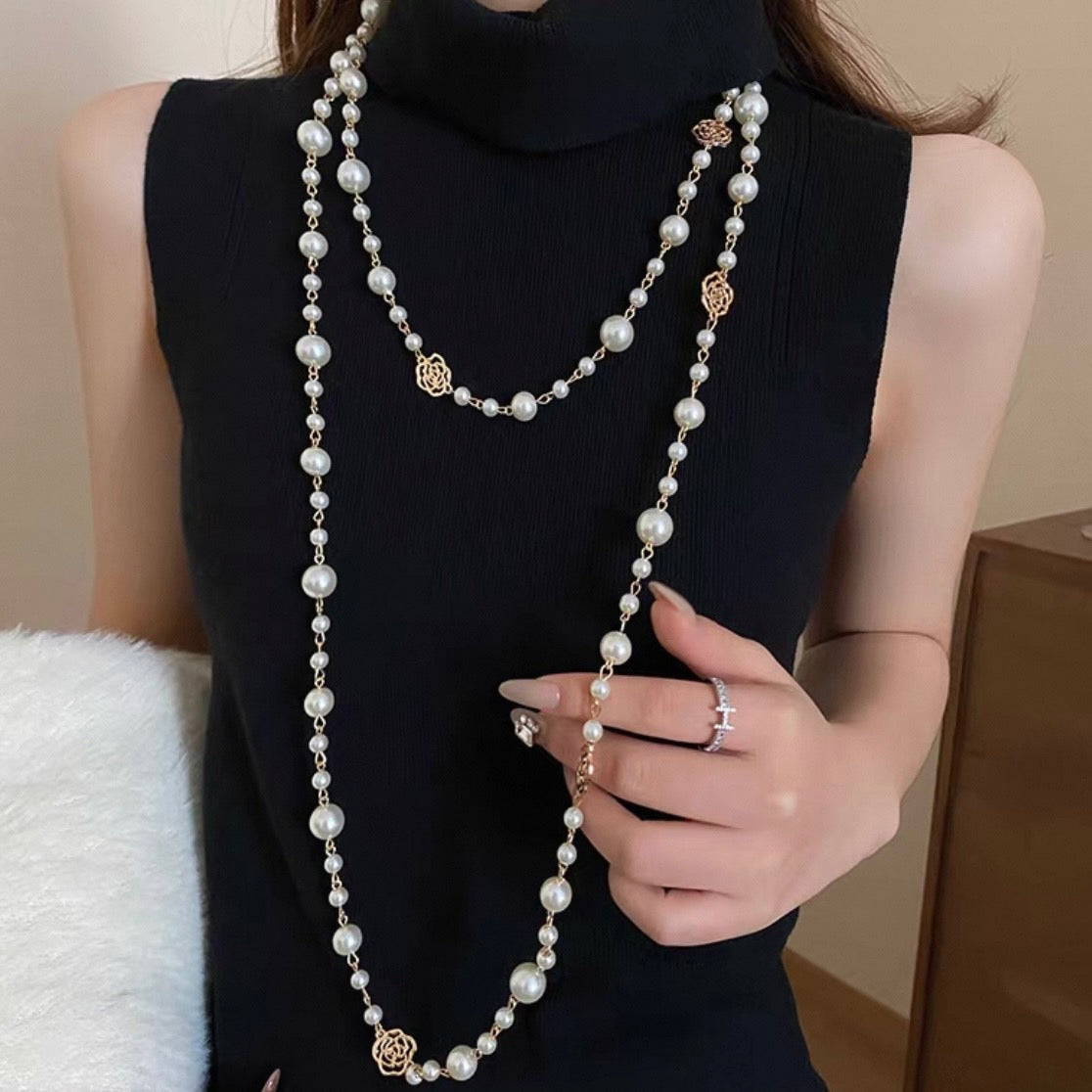 super long rose pearl necklace