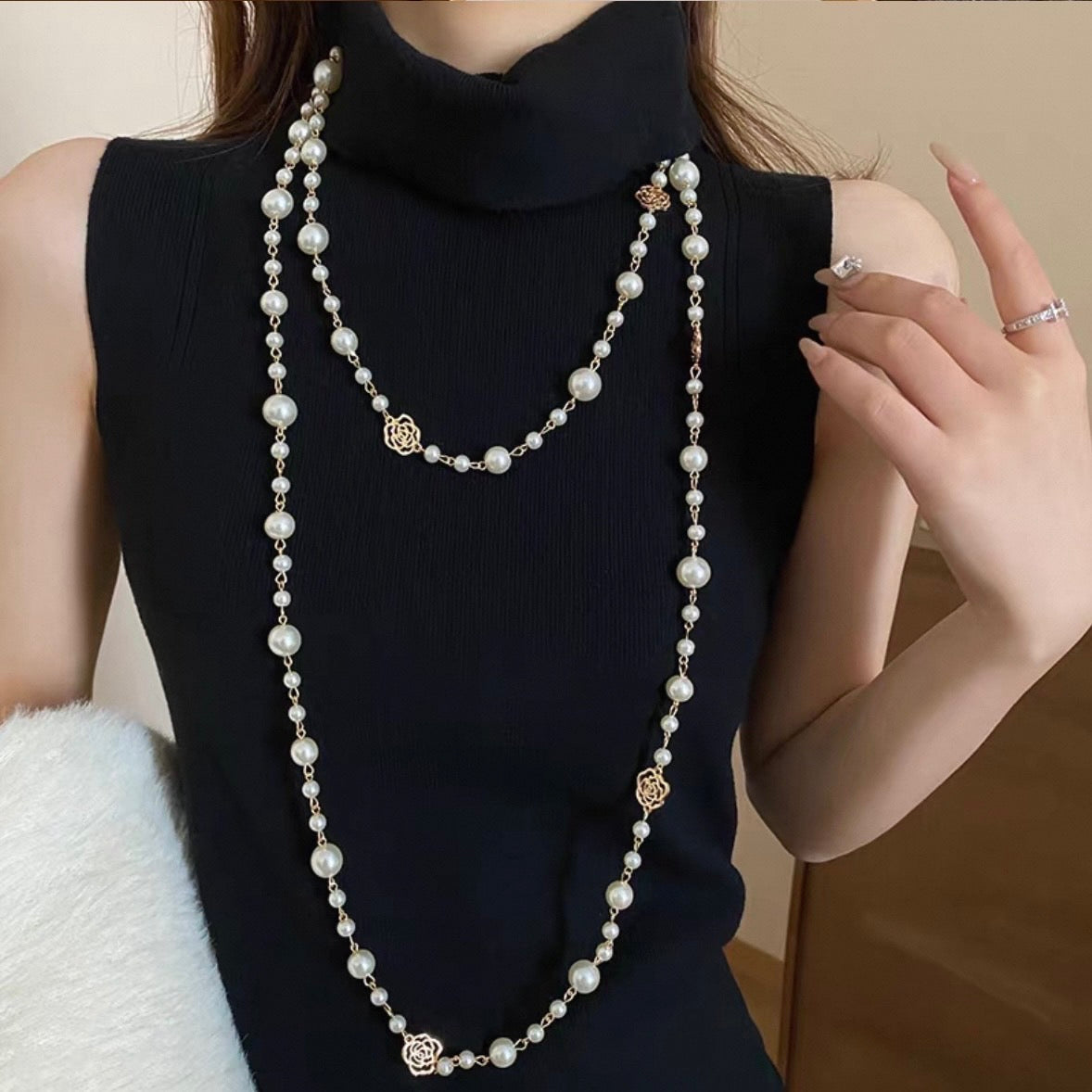 super long rose pearl necklace