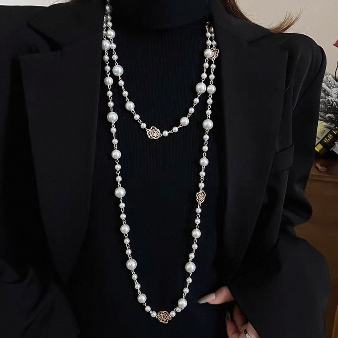 super long rose pearl necklace