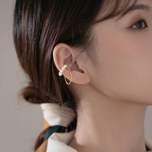 dual pearl & chain earcuff