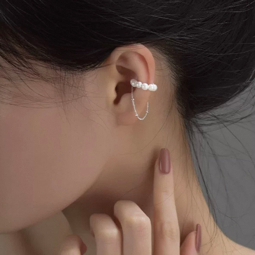 dual pearl & chain earcuff